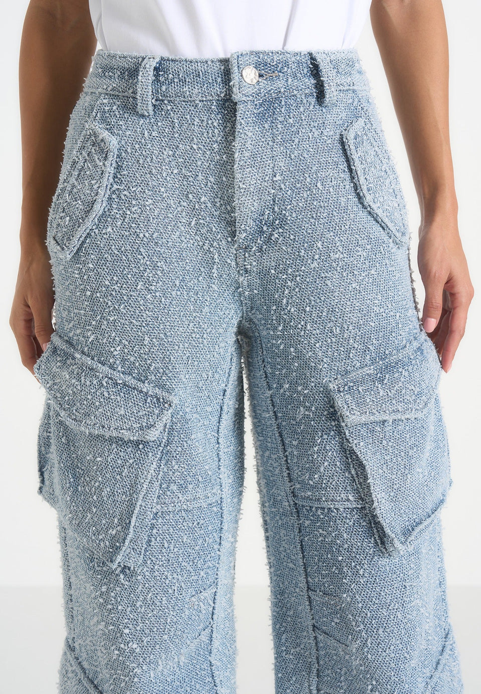Anne - High Waisted Boucle Denim Cargo Pants - Mid Blue