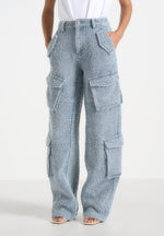 Anne - High Waisted Boucle Denim Cargo Pants - Mid Blue