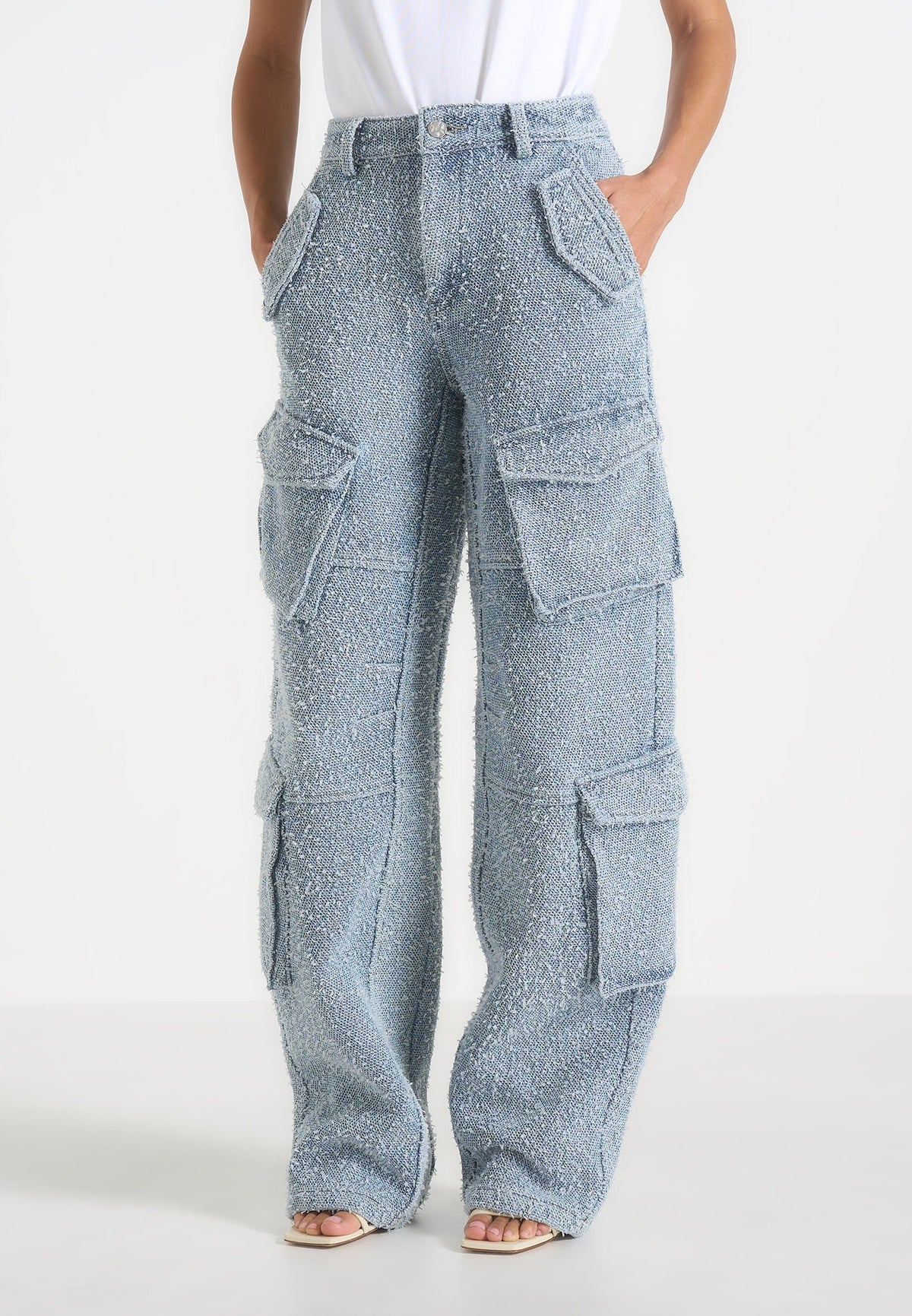 Anne - High Waisted Boucle Denim Cargo Pants - Mid Blue