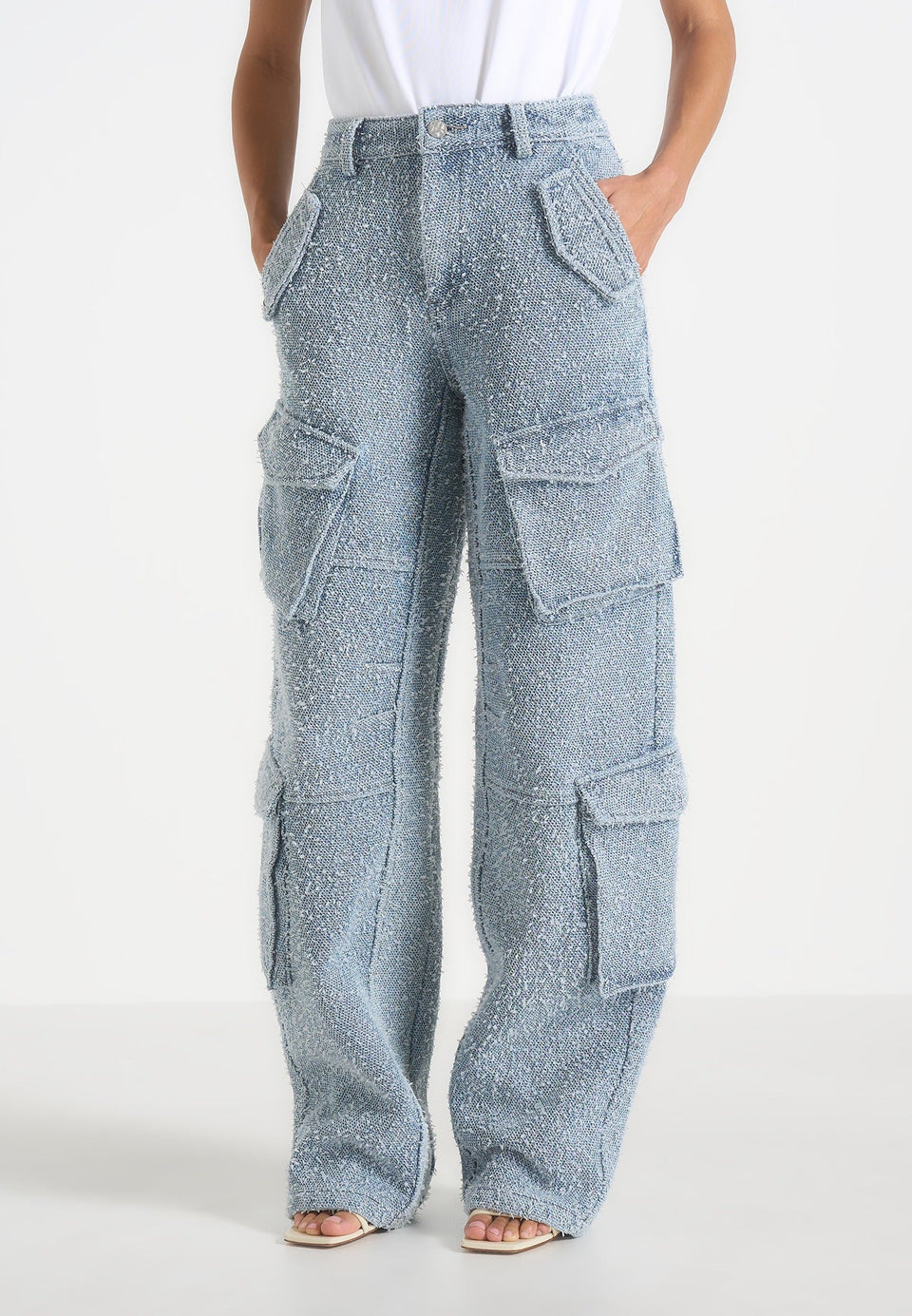 Anne - High Waisted Boucle Denim Cargo Pants - Mid Blue