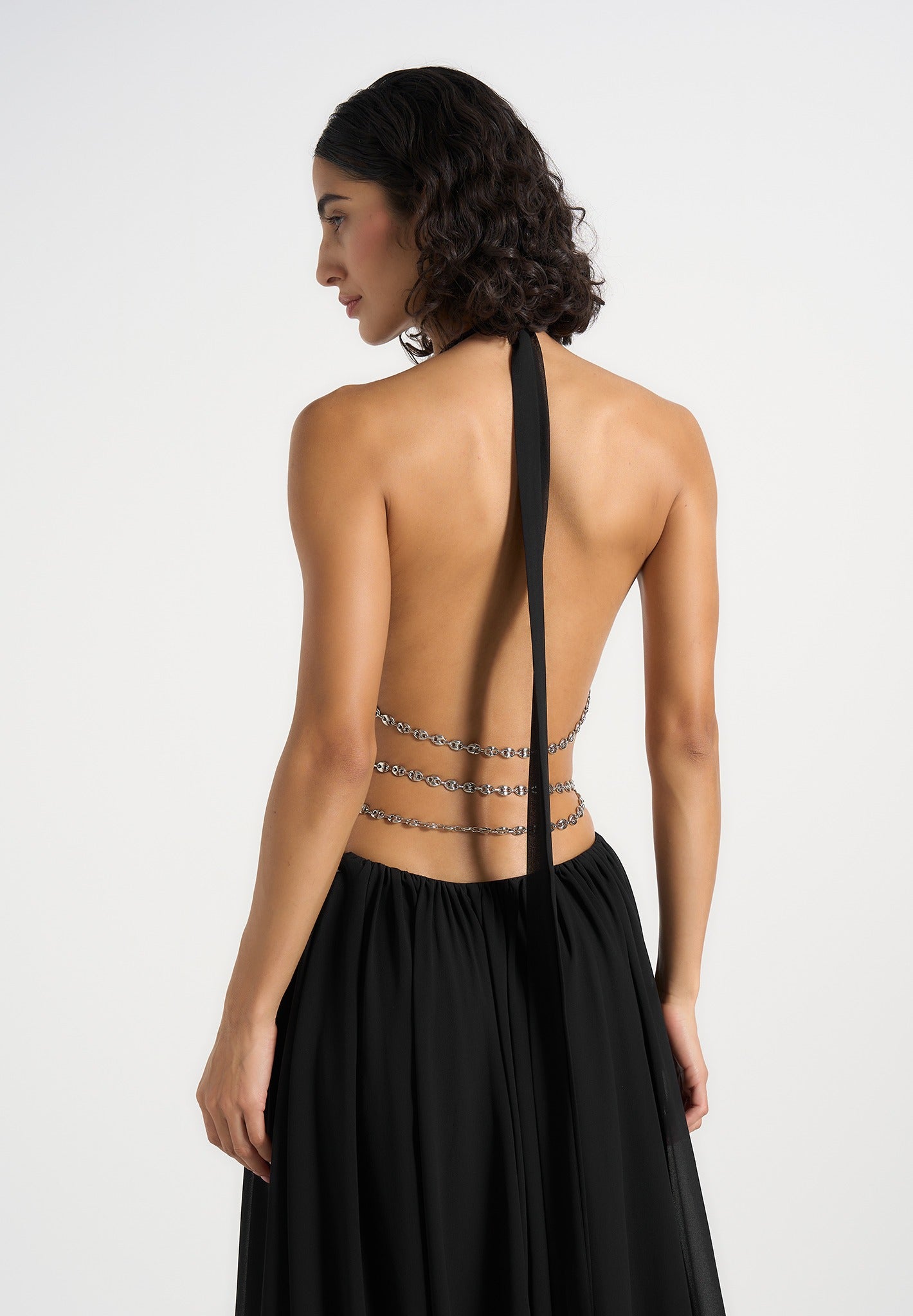 June - Chain Belt Cut-Out Georgette Halter Maxi Dress - Black