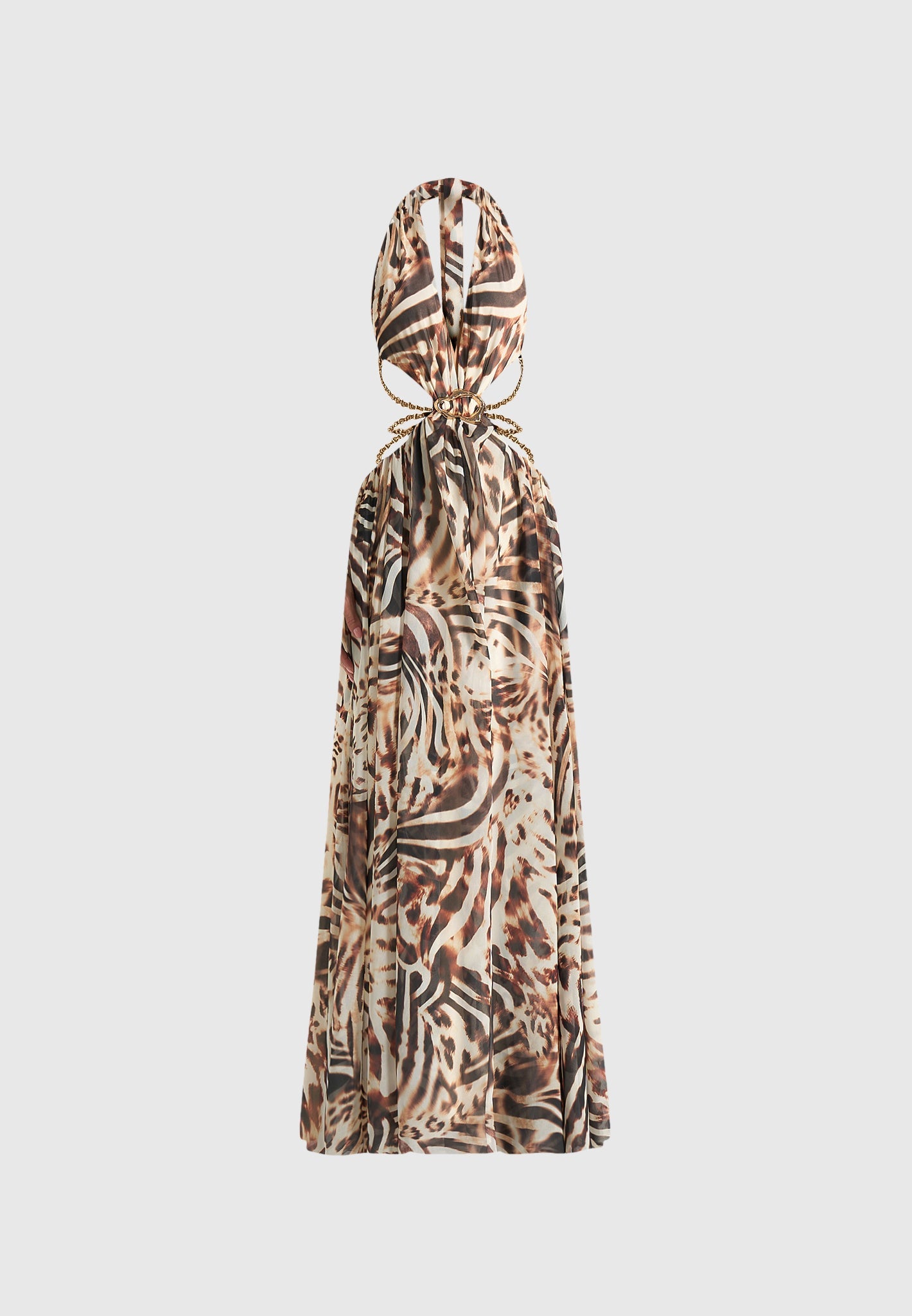 June - Chain Belt Cut-Out Georgette Halter Maxi Dress - Animal