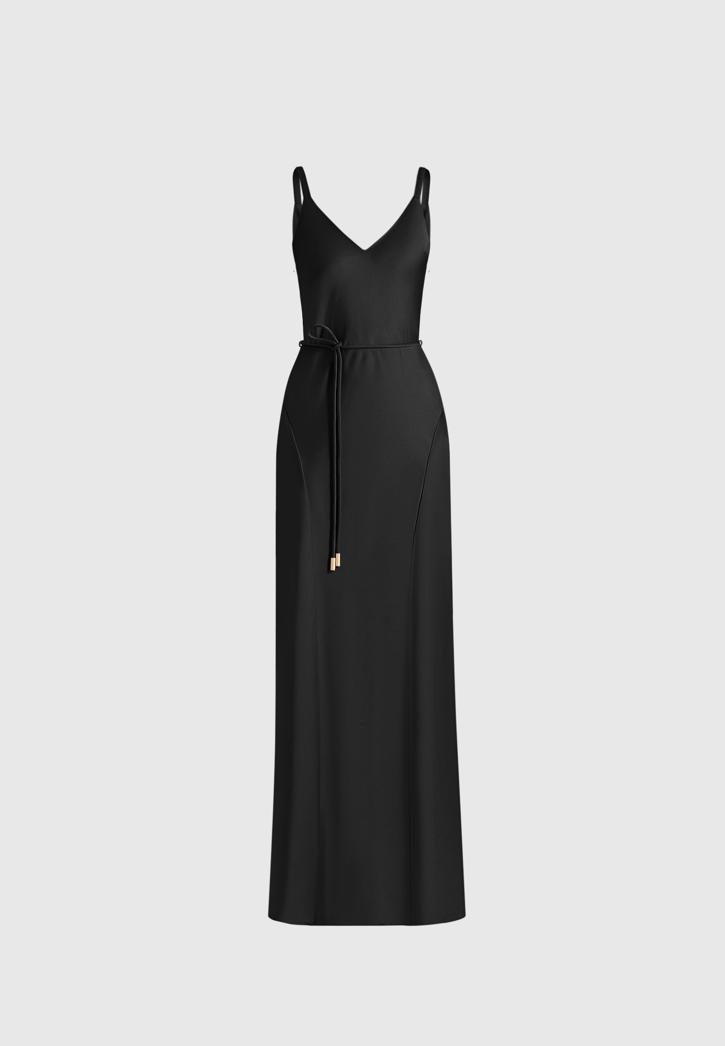 Saffron - Satin Belted Maxi Dress - Black