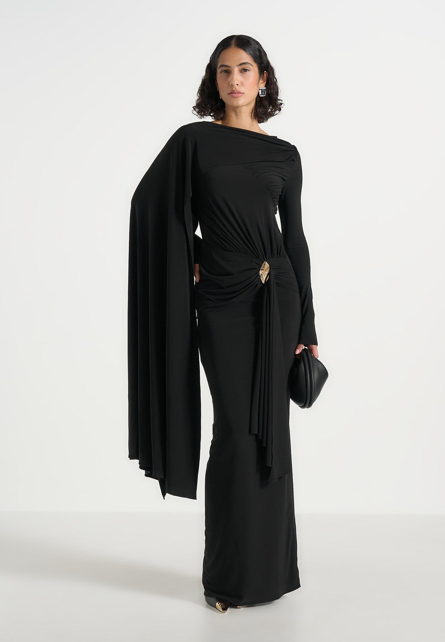 Edena - Asym Ruched Draped Maxi Dress - Black