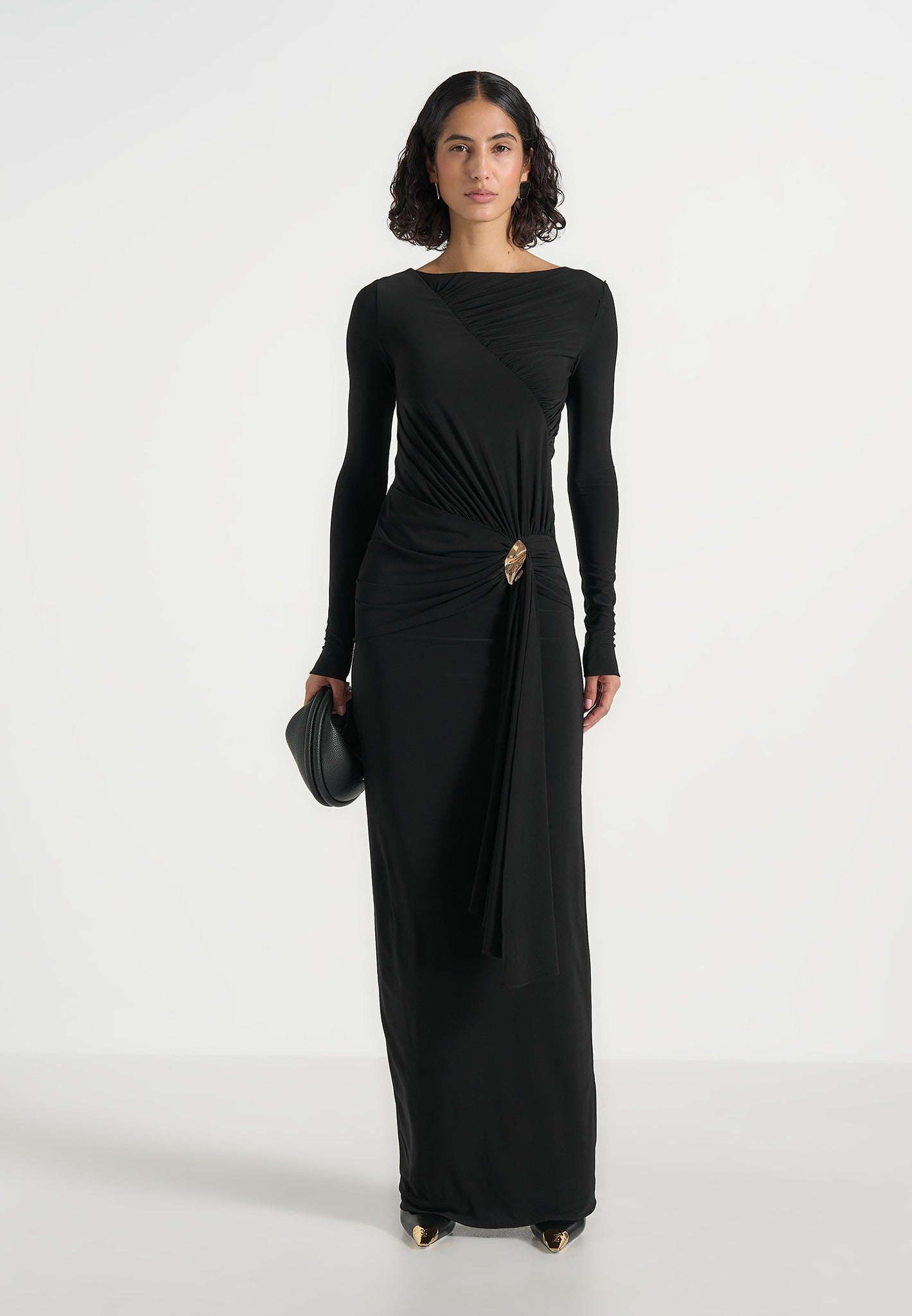 Edena - Asym Ruched Draped Maxi Dress - Black