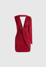 Mirena - Ruched Open Back Mini Dress With Scarf - Red
