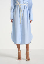 Isa - Belted Pinstripe Cotton Midi Shirt Dress - Pale Blue