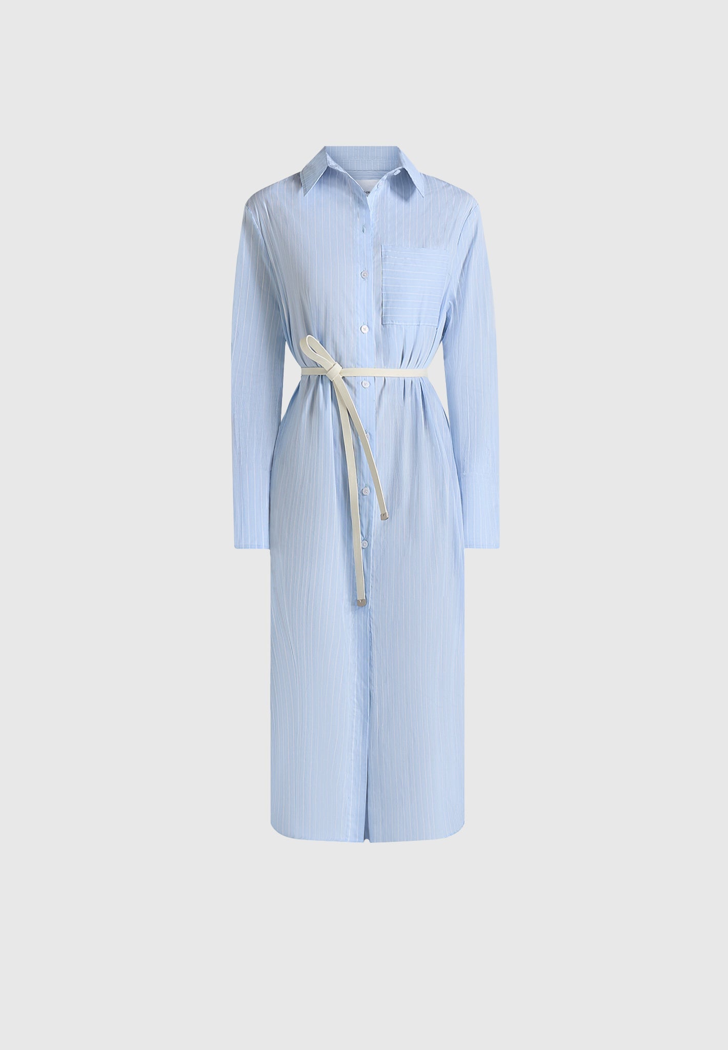 Isa - Belted Pinstripe Cotton Midi Shirt Dress - Pale Blue