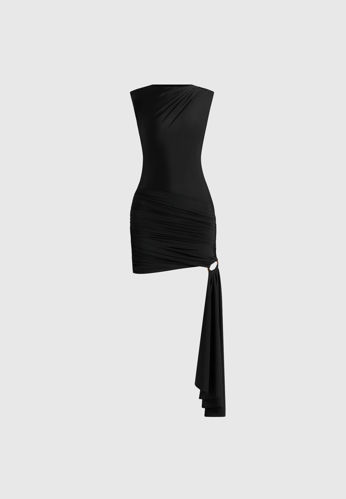 Anouk - Cap Sleeve Ring Detail Drape Mini Dress - Black