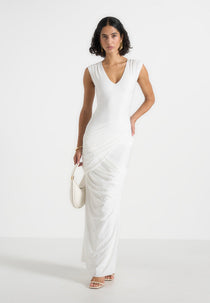 Bridget - V Neck Asym Ruched Maxi Dress - White