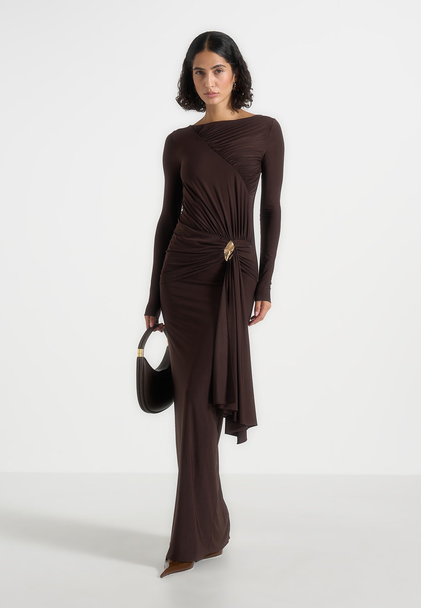 Edena - Asymmetric Ruched Draped Maxi Dress - Brown 