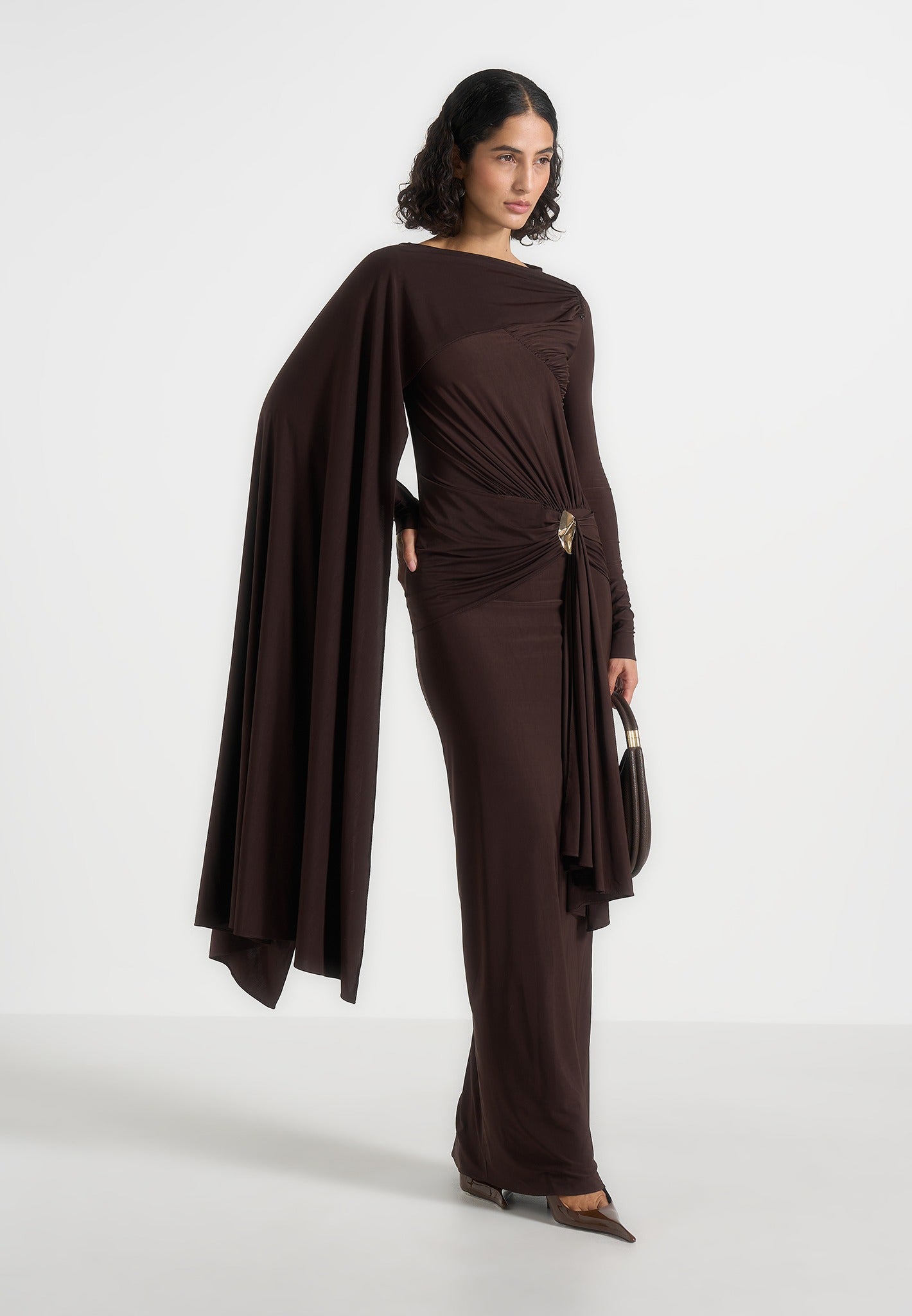Edena - Asymmetric Ruched Draped Maxi Dress - Brown 