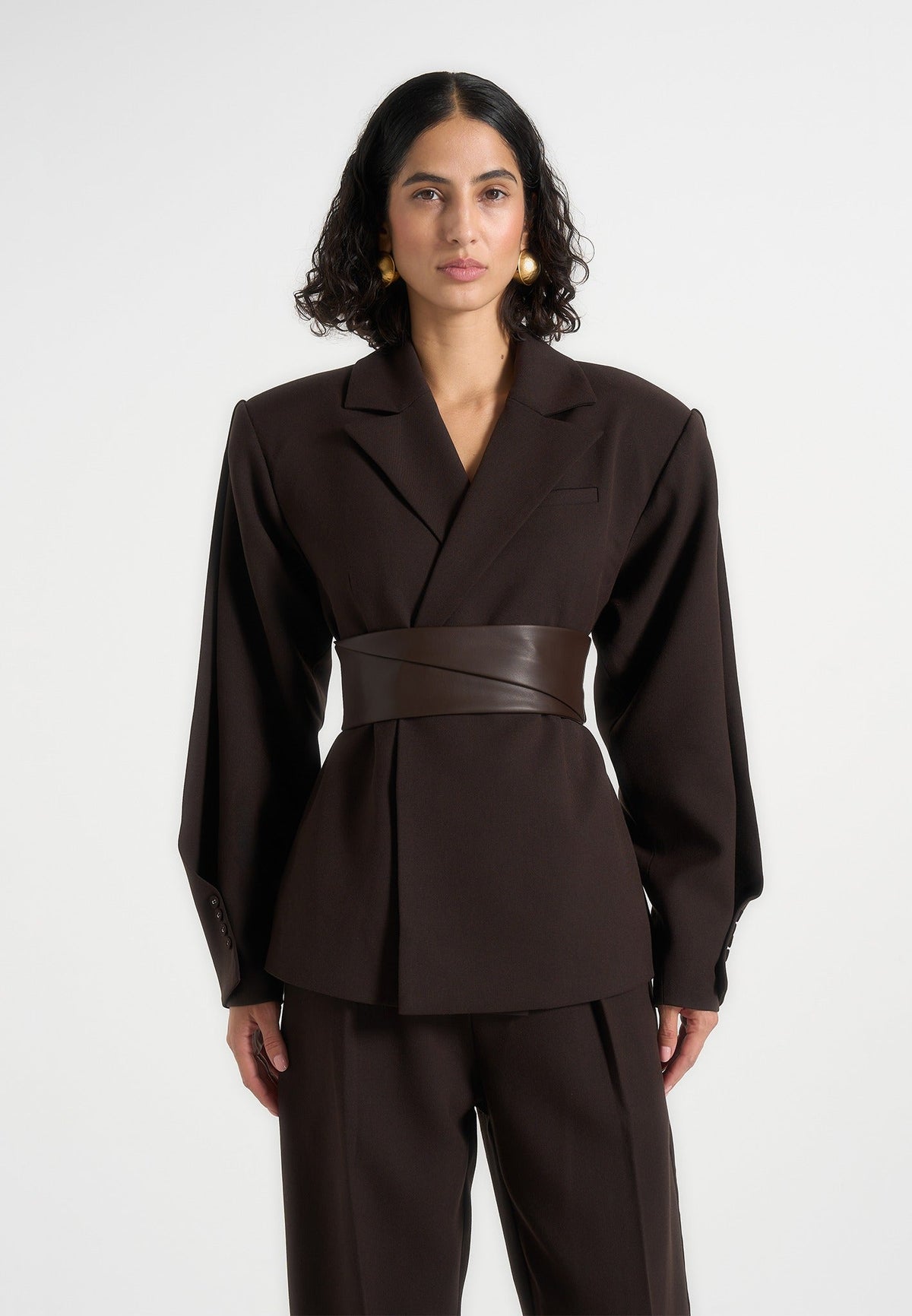 Marie - Twist Sleeve Tailored Blazer with Belt - Brown
