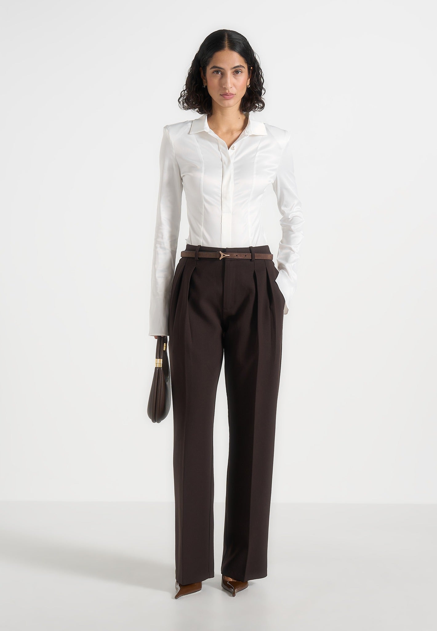 Julie - Tailored Twin Pleat Pants - Dark Brown 