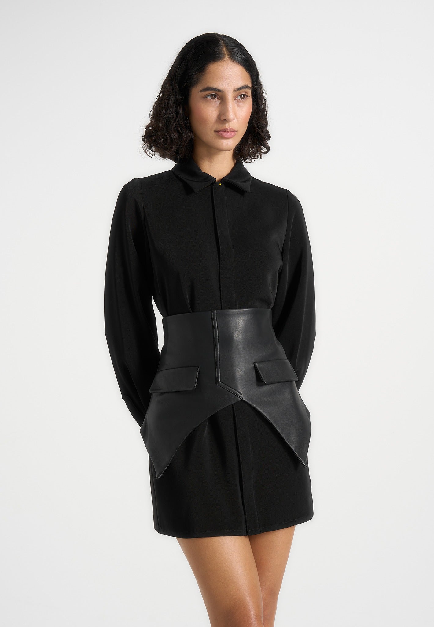 Keira - Corset Overlay Shirt Mini Dress - Black 