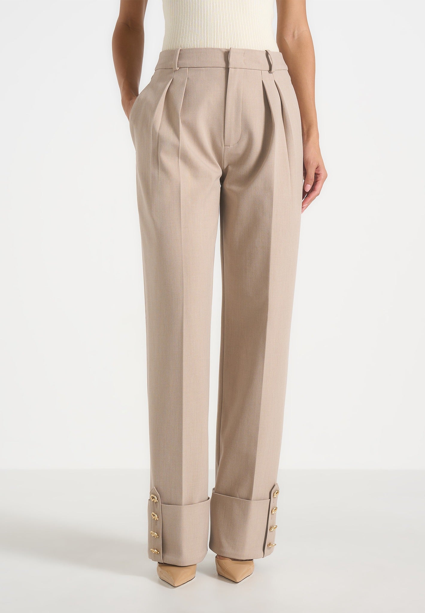 Darlene - Turn Up Detail Tailored Twin Pleat Pants - Beige 