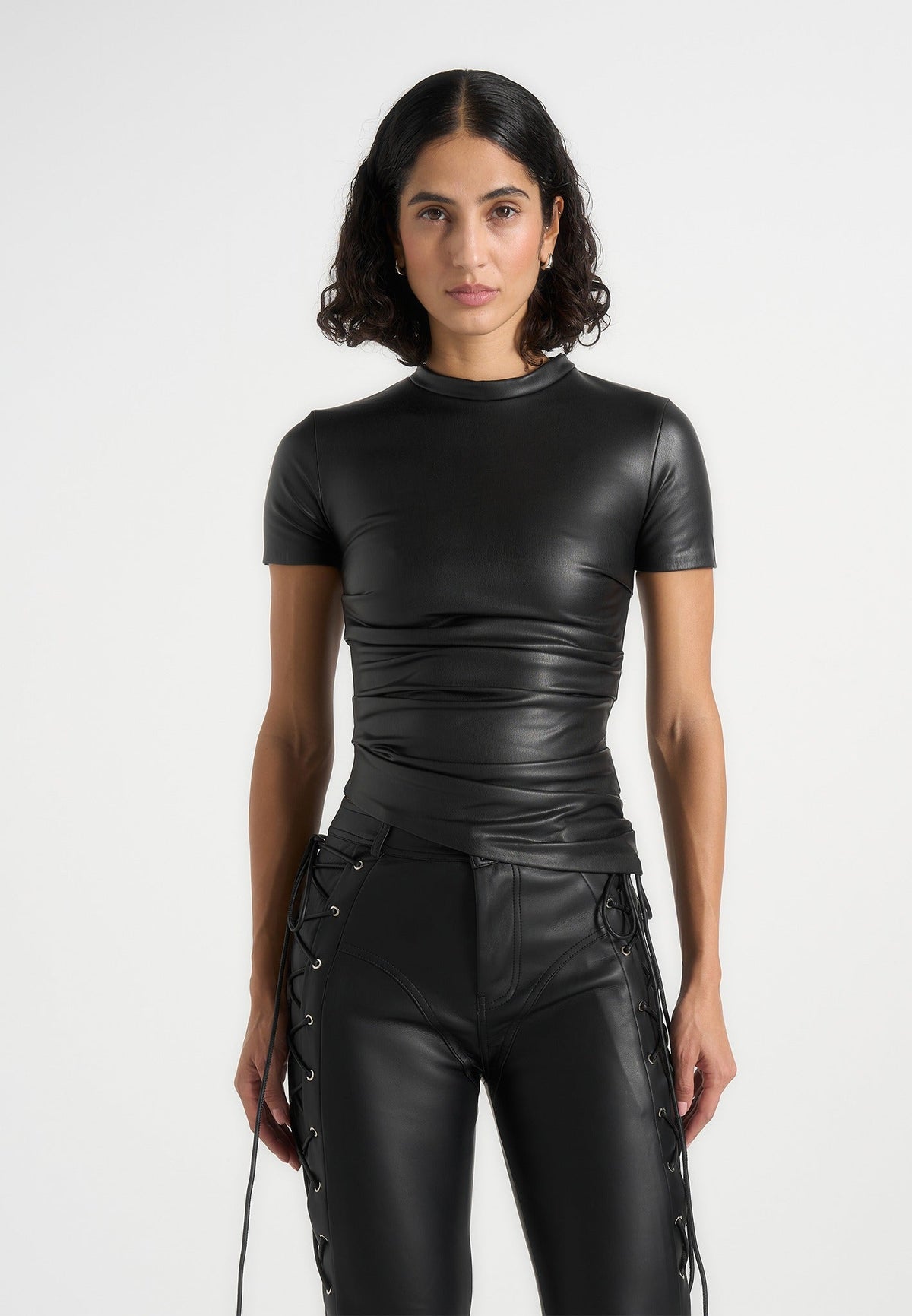 Leather Ruched T-Shirt - Black