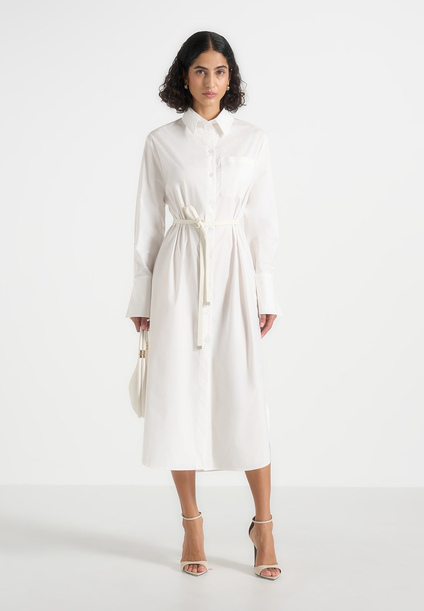Isa - Belted Cotton Midi Shirt Dress - White 