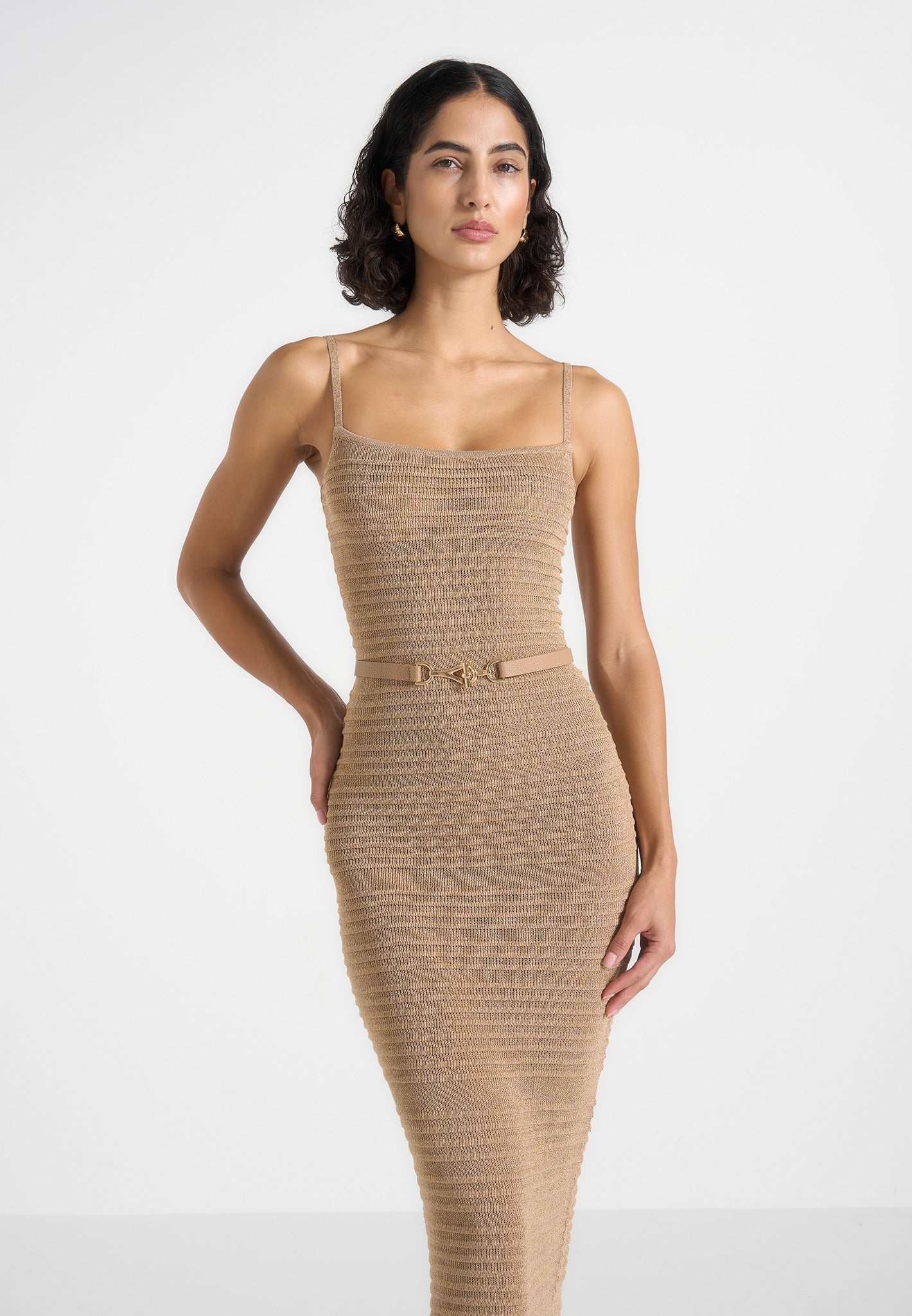 Danika - Metallic Rib Knit Belted Midi Dress - Gold 