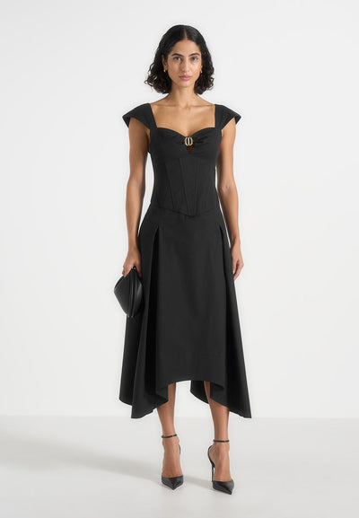 Faith - Cap Sleeve Corset Cotton Midi Dress - Black