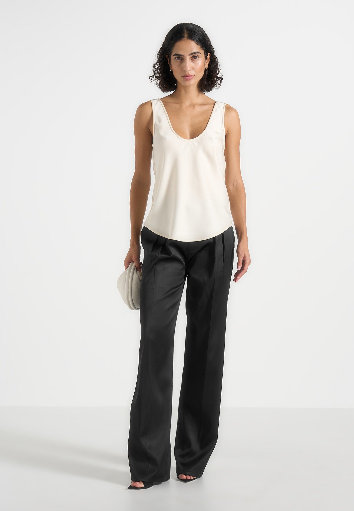 Mathilda - Satin Scoop Neck Open Back Tank Top - Ivory 