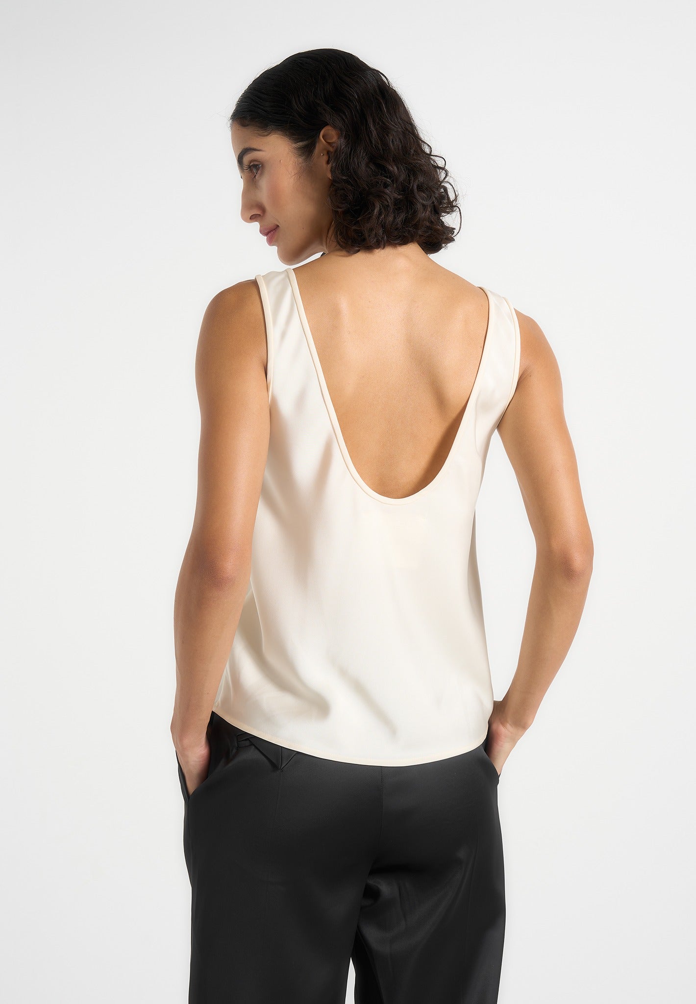 Mathilda - Satin Scoop Neck Open Back Tank Top - Ivory 
