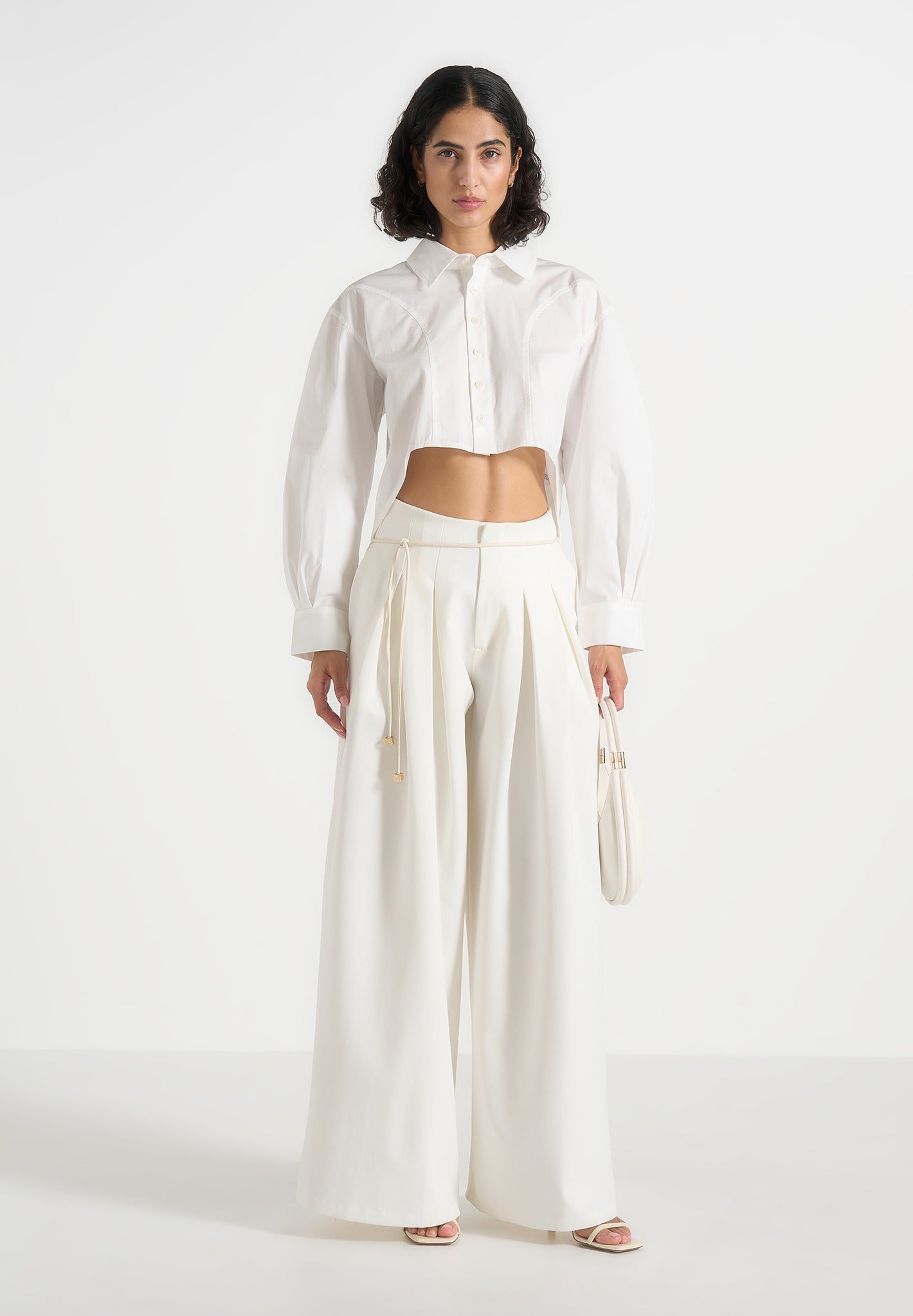 Flora - Box Pleat Wide Leg Belted Pants - White 