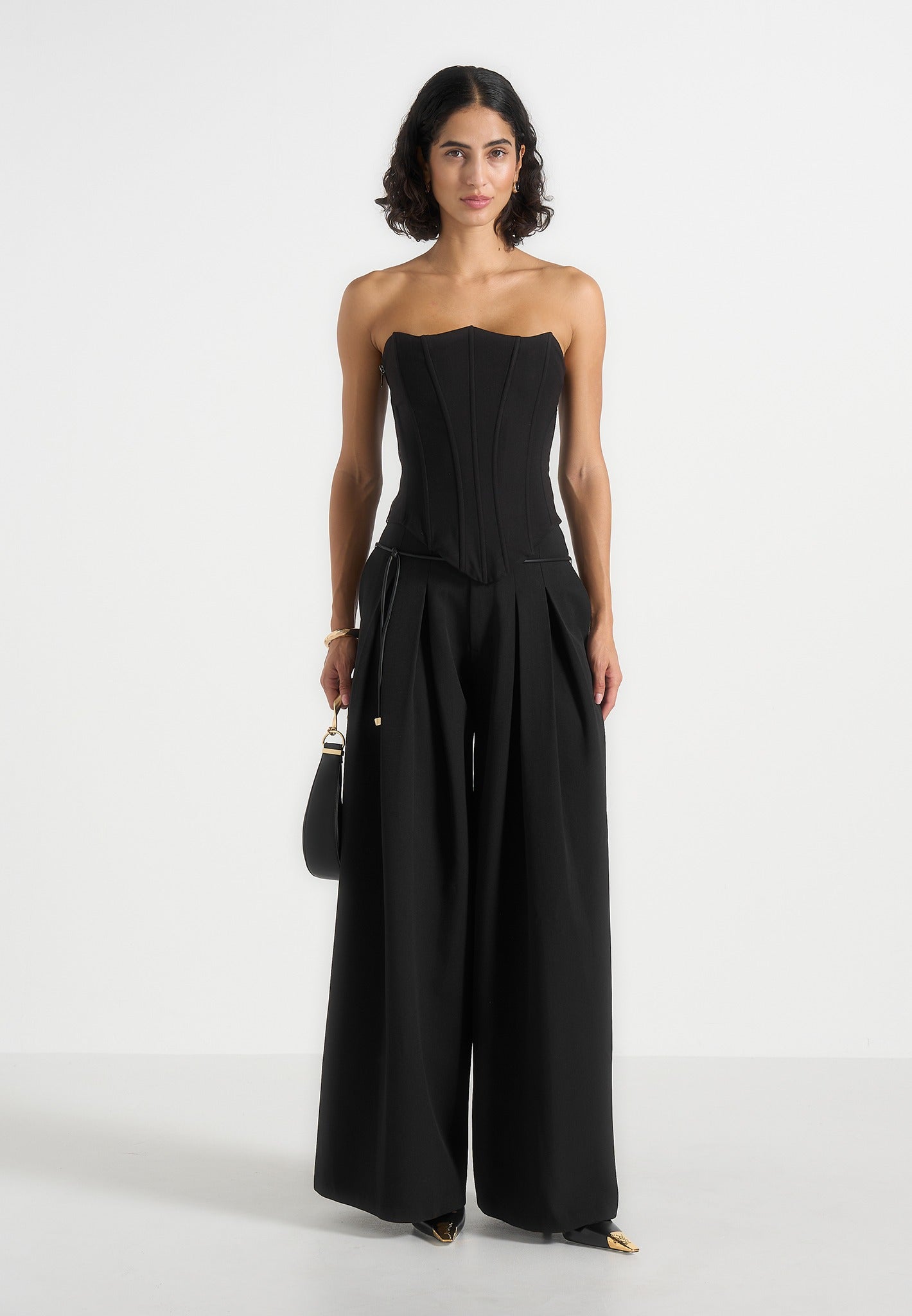 Flora - Box Pleat Wide Leg Belted Pants - Black 