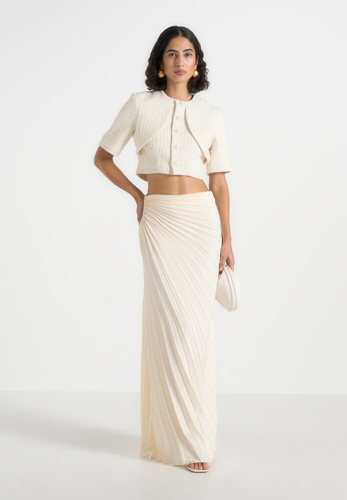 Fiona - Satin Fan Pleat Maxi Skirt - Ivory 
