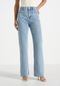 Frida - Eiffel Detail Straight Leg Denim Jeans - Mid Blue