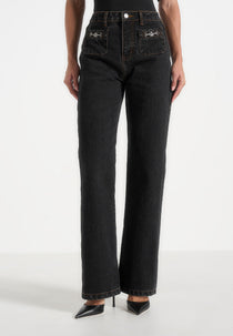 Frida -  Eiffel Detail Straight Leg Denim Jeans - Washed Black