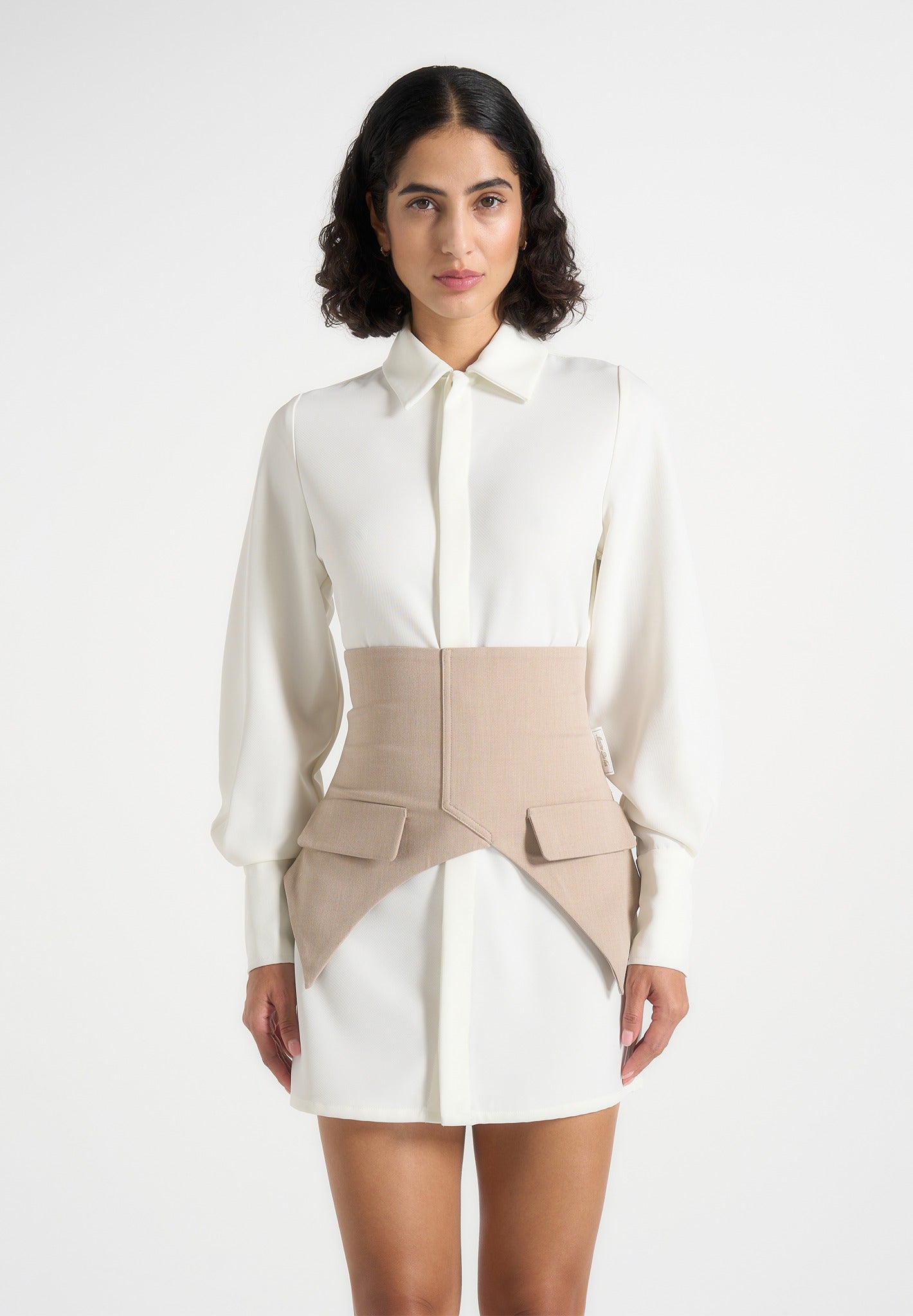 Keira - Corset Overlay Shirt Mini Dress - White/Taupe 
