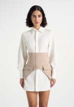 Keira - Corset Overlay Shirt Mini Dress - White/Taupe