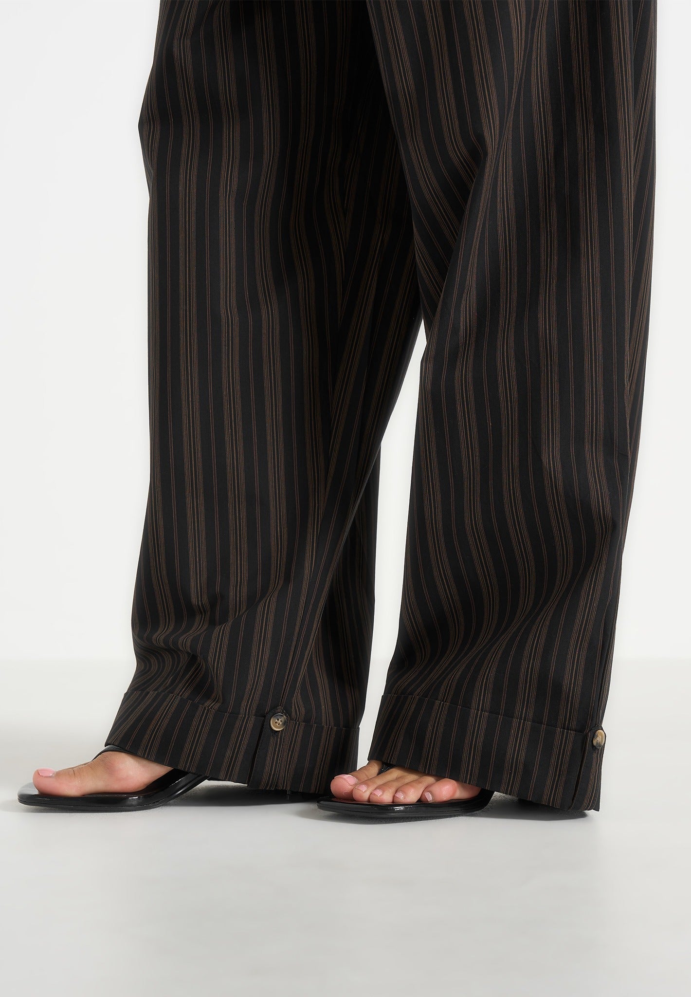Ivanna - Elasticated Wide Leg Striped Cotton Pants - Black/Brown