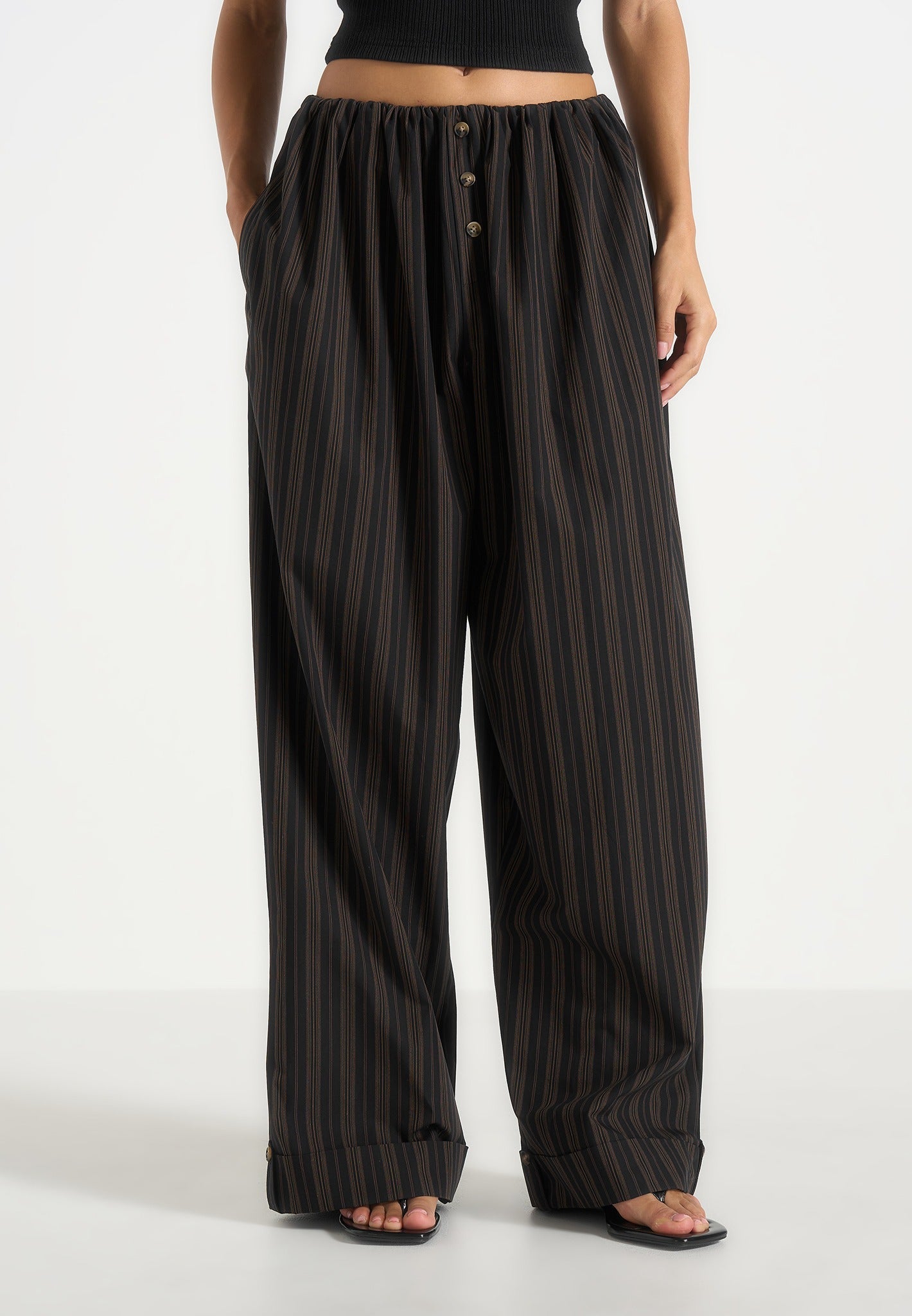 Ivanna - Elasticated Wide Leg Striped Cotton Pants - Black/Brown 