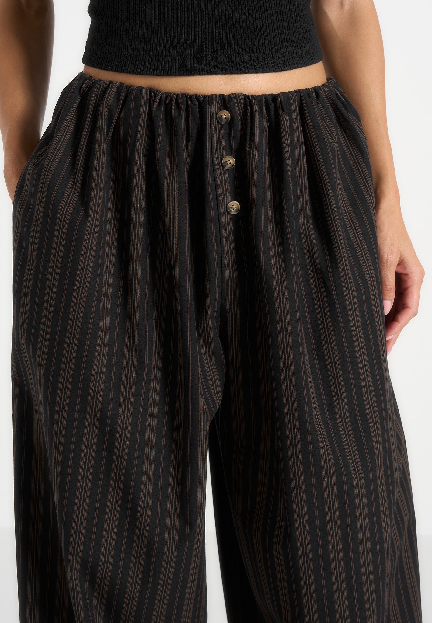 Ivanna - Elasticated Wide Leg Striped Cotton Pants - Black/Brown