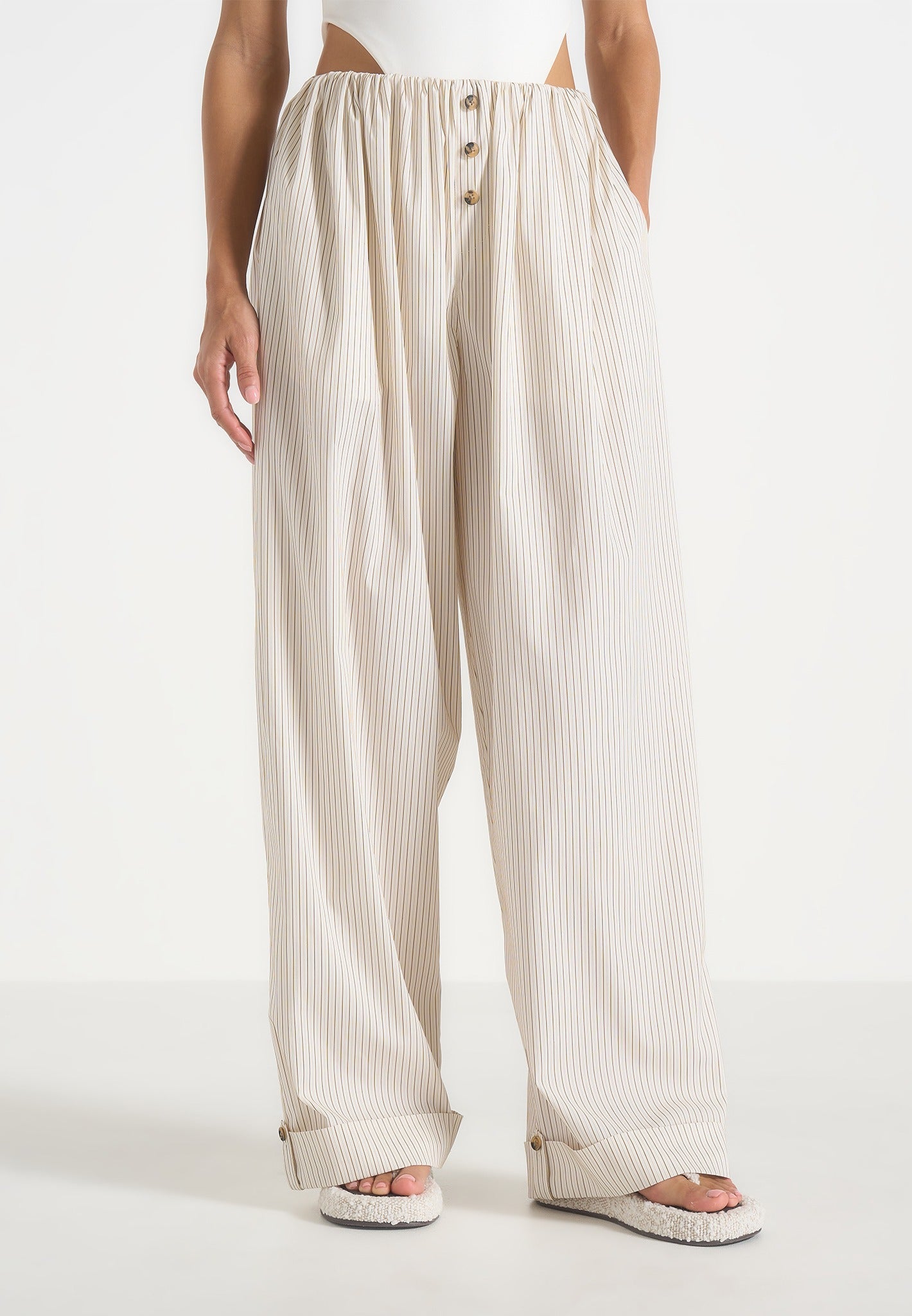 Ivanna - Elasticated Wide Leg Striped Cotton Pants - Cream 