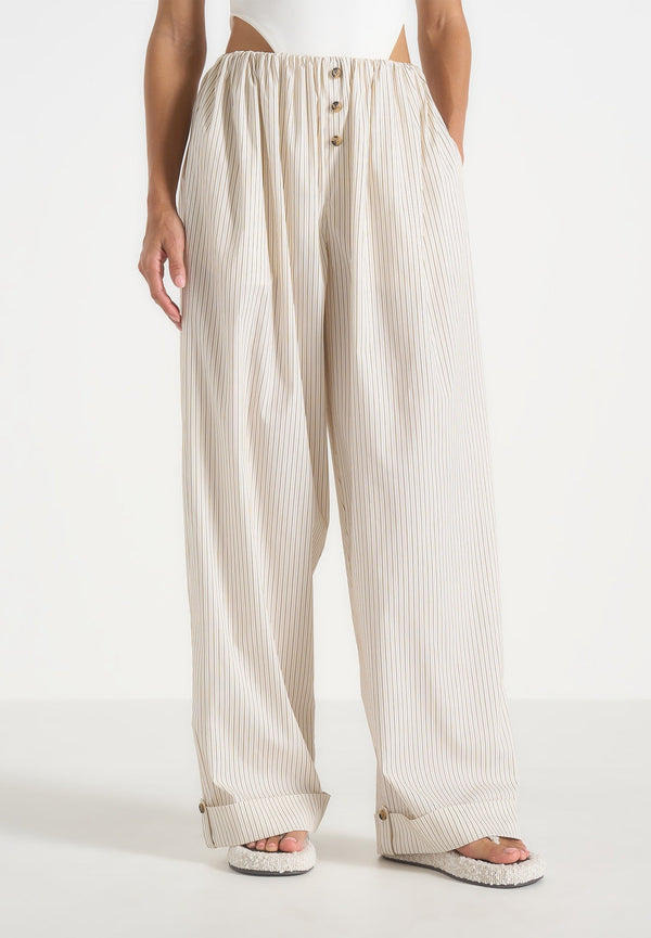 Ivanna - Elasticated Wide Leg Striped Cotton Pants - Cream