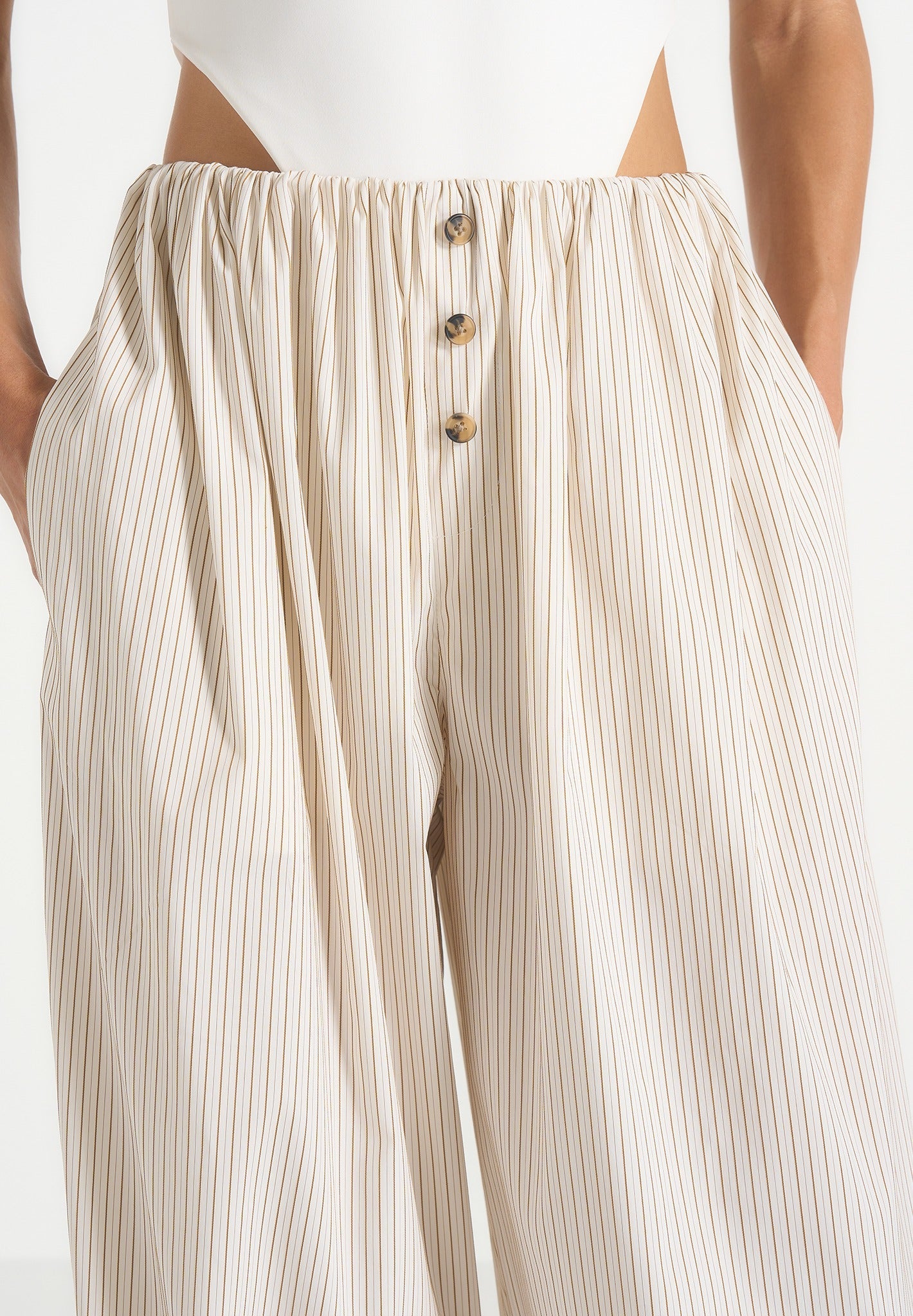Ivanna - Elasticated Wide Leg Striped Cotton Pants - Cream