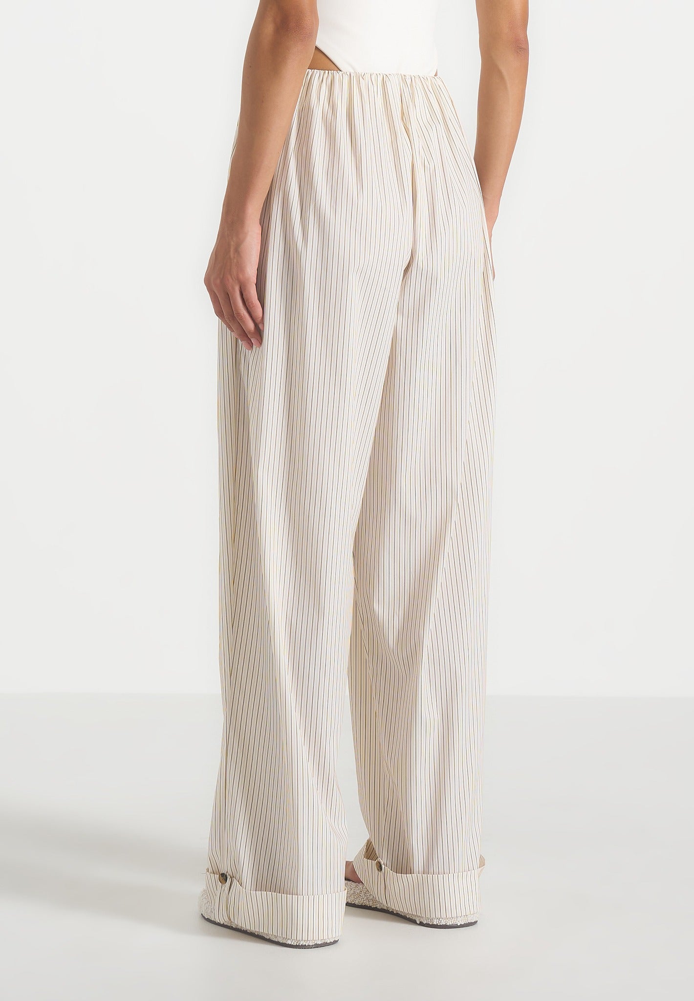 Ivanna - Elasticated Wide Leg Striped Cotton Pants - Cream
