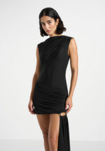 Anouk - Cap Sleeve Ring Detail Drape Mini Dress - Black