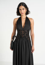 Ava - Halterneck Embellished Corset Gathered Maxi Dress - Black