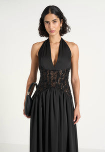 Ava - Halter Embellished Corset Gathered Maxi Dress - Black