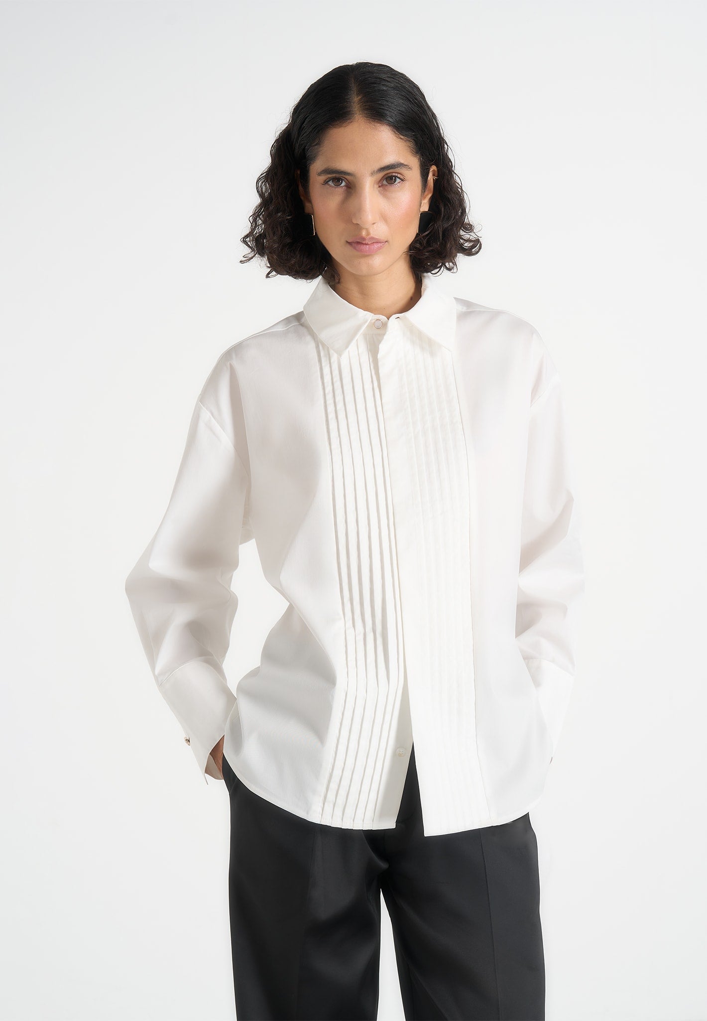 Hope - Pleated Tuxedo Cotton Shirt with Cinch Back - White