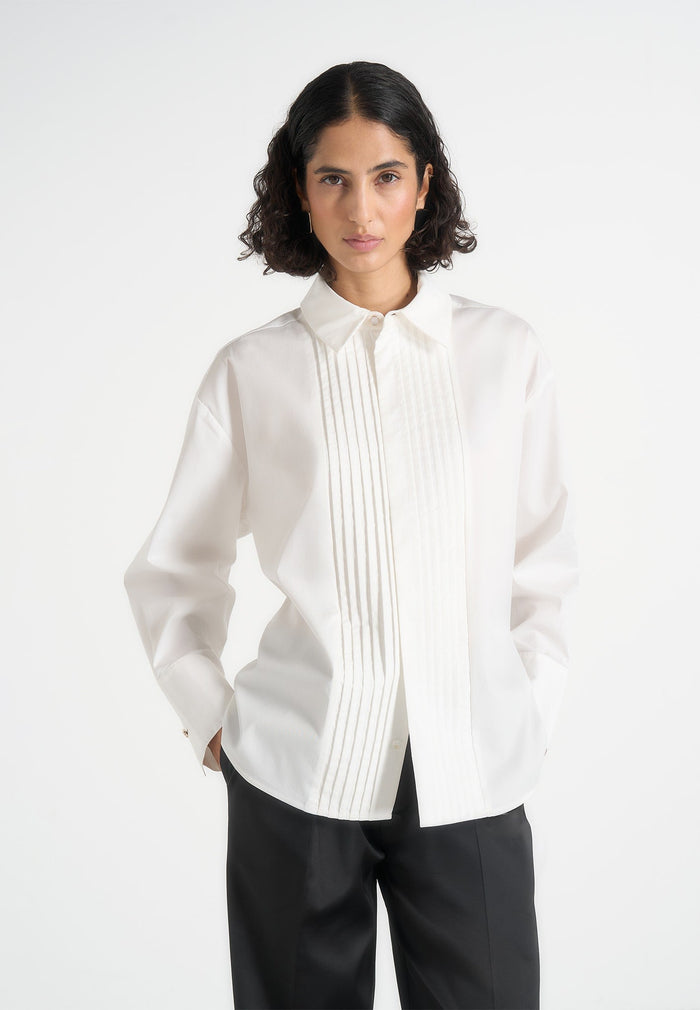 Hope - Pleated Tuxedo Cotton Shirt with Cinch Back - White
