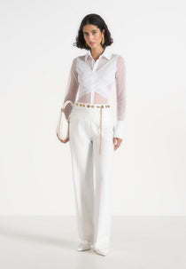 Canelle - Sheer Crossover Shirt Bodysuit - White