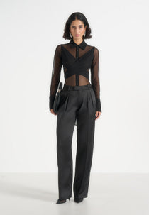 Canelle - Sheer Crossover Shirt Bodysuit - Black