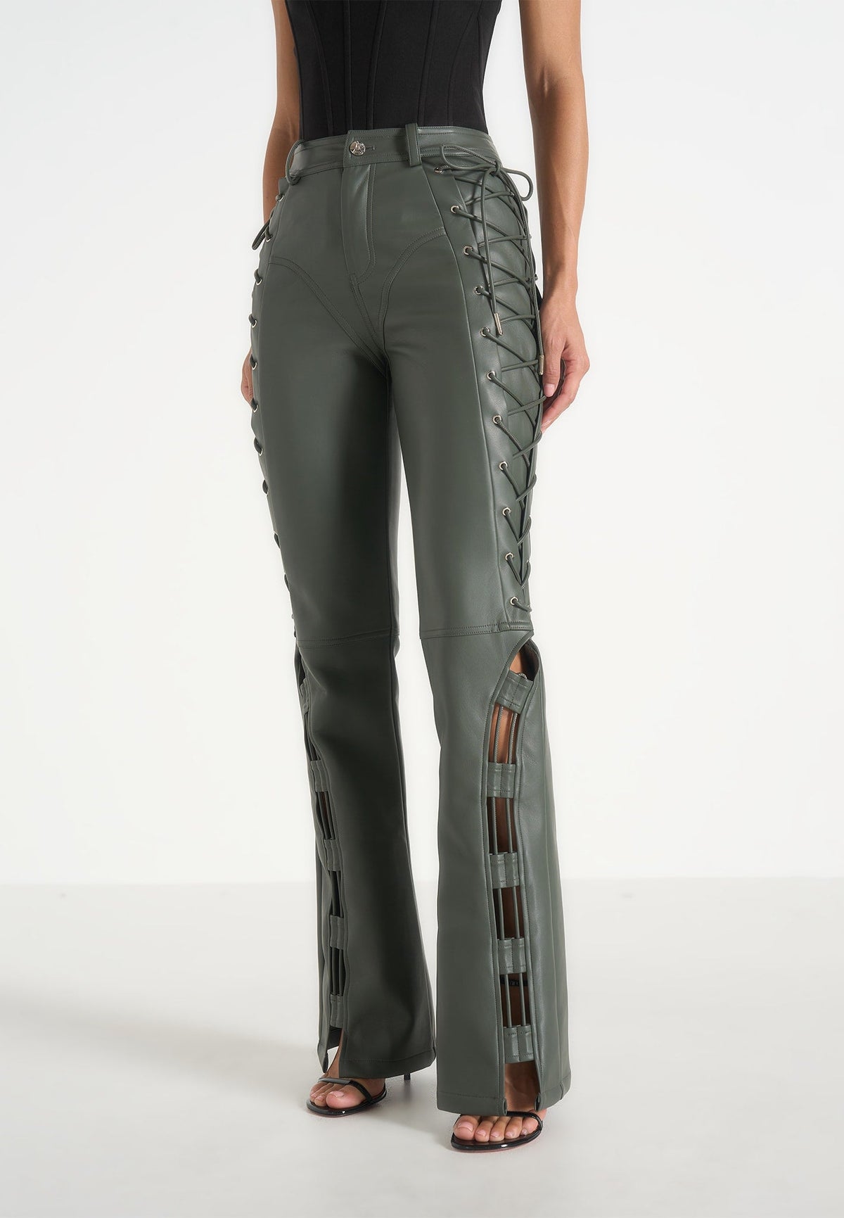 Ambre - Leather Lace Up Flared Pants - Olive