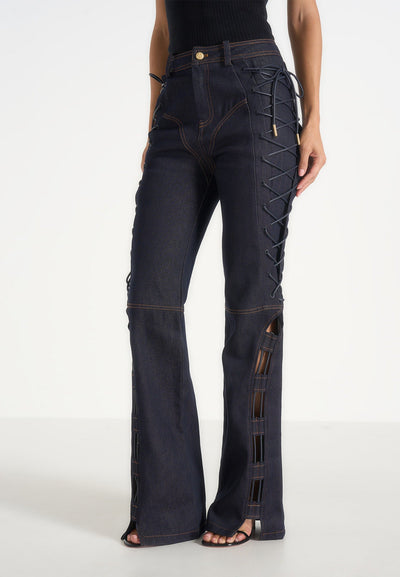 Ambre - Denim Lace Up Flared Jeans - Indigo