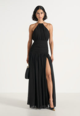 fabienne-metallic-ruched-halter-maxi-dress-black